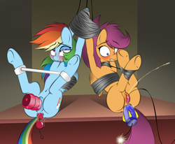 Size: 2340x1925 | Tagged: explicit, semi-grimdark, artist:v-d-k, rainbow dash, scootaloo, anal beads, anal insertion, anus, blushing, bondage, bound wings, butt, chains, dashsub, dildo, dynamite, female, femsub, fireworks, foalcon, g4, imminent death, imminent gore, imported from derpibooru, insertion, nudity, pissing, plot, scootasub, sex toy, spreader bar, submissive, table, tape, this will end in death, this will end in pain, underhoof, unusual insertion, urine, vagina, vaginal insertion, vaginamite, vibrator, vulva, watersports