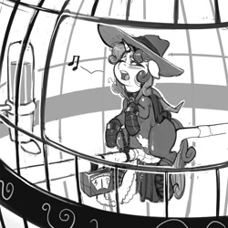 Size: 800x800 | Tagged: explicit, artist:kevinsano, sweetie belle, birdcage, black and white, bondage, bondage furniture, cage, clothes, costume, female, foalcon, fucking machine, g4, grayscale, horn, horn ring, imported from derpibooru, insertion, machine, magic suppression, mare do well, monochrome, nudity, pony, solo, solo female, sweetie do well, torn clothes, unicorn, vaginal insertion, vulva