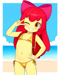 Size: 2560x3200 | Tagged: suggestive, apple bloom, ai composition, ai content, backpack, banned from derpibooru, beach, belly button, bikini, blushing, bow, breasts, cameltoe, clothes, cloud, collarbone, cowboy shot, delicious flat chest, equestria girls, female, golden bikini, golden week, grin, hair bow, hand gesture, hand on hip, human, imported from twibooru, lolicon, looking at you, ocean, one eye closed, outdoors, passepartout, randoseru, sand, small breasts, smiling, solo, swimsuit, underage, v over eye, wink, winking at you