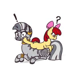 Size: 1200x1200 | Tagged: explicit, apple bloom, artist needed, blank flank, earth pony, exclamation point, female, filly, fisting, foal, foalcon, g4, hoofing, imported from derpibooru, interspecies, lesbian, mare, naivete of youth, pony, question mark, ship:zecobloom, shipping, simple background, vaginal secretions, white background, wide eyes, zebra, zecora