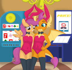 Size: 3735x3660 | Tagged: suggestive, artist:dtavs.exe, artist:tolpain, scootaloo, absurd resolution, anthro, banned from derpibooru, bunny ears, bunny suit, casino, clothes, female, imported from twibooru, lolicon, smolder, underage