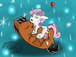 Size: 1600x1200 | Tagged: explicit, artist:fenrir connell, sweetie belle, oc, oc:airswirl, canon x oc, cum, cumming, female, foalcon, g4, heart, imported from derpibooru, licking, male, pegasus, pony, straight, unicorn, wink