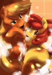 Size: 560x800 | Tagged: explicit, artist:sugai, apple bloom, applejack, big crotchboobs, crotchboobs, earth pony, female, filly, foal, foalcon, g4, huge crotchboobs, imported from derpibooru, lesbian, mare, nipples, nudity, pony