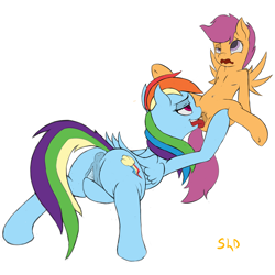 Size: 4000x4000 | Tagged: explicit, artist:shdingo, rainbow dash, scootaloo, anus, blue insides, cunnilingus, dead source, female, foalcon, g4, imported from derpibooru, lesbian, mare on filly, masturbation, nudity, pegasus, pony, puckered asshole, ship:scootadash, shipping, simple background, vagina, white background
