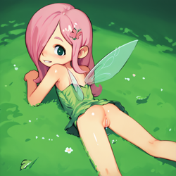Size: 1056x1056 | Tagged: explicit, fluttershy, /jdb/, ai generated, anus, banned from derpibooru, bottomless, clothes, cosplay, costume, dress, fairy, fairy wings, female, grass, hair over one eye, human, humanized, imported from twibooru, lolicon, no panties, nudity, solo, tinkerbell, underage, vagina, wings