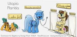 Size: 1500x723 | Tagged: explicit, grimdark, artist:smudge proof, anus, ass up, balls, bedroom eyes, bit gag, body writing, bondage, bridle, butt, castration, chastity, chastity belt, commission, cutiemarking, donut joe, face down ass up, femdom, fetish, foalcon, futa, futa trixie, g4, gag, gelding, herm, imported from derpibooru, intersex, joe, leash, malesub, matriarchy, muzzle gag, nudity, open mouth, padlock, penis, plot, pony, public use, pun, raised tail, rear view, ring gag, sitting, snails, standing, submissive, tack, toilet, trixie, unicorn, urinal, urine, utopia planitia, vulva, watersports, whipping
