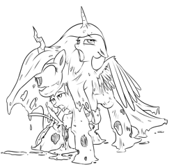 Size: 1000x958 | Tagged: explicit, grotesque, artist:xioade, princess celestia, queen chrysalis, scootaloo, absorption, cum, foalcon, fusion, futa, futa princess celestia, futa queen chrysalis, futa scootaloo, g4, goo, imported from derpibooru, intersex, merging, monochrome, nudity, penis, scootabomination, slime