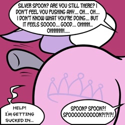 Size: 576x576 | Tagged: questionable, artist:pembroke, diamond tiara, silver spoon, anal vore, chubby diamond, dialogue, female, fetish, foalcon, g4, imported from derpibooru, size difference, unwilling prey, vore