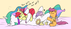 Size: 1200x501 | Tagged: questionable, artist:xioade, apple bloom, princess celestia, scootaloo, sweetie belle, accessory swap, bed, blank flank, bloomdom, celestia's crown, cmc foursome, collar, cunnilingus, cutie mark crusaders, dialogue, dominatrix, earth pony, eyes closed, female, females only, femdom, femsub, filly, foal, foalcon, foaldom, g4, heart, hoof fetish, hoof licking, hooves, imported from derpibooru, jewelry, kissing, leash, lesbian, mare, mare on filly, on back, on top, open mouth, panting, pegasus, pet play, peytral, pony, prone, regalia, scootadom, scootalestia, ship:celestibloom, shipping, softcore, sublestia, submissive, sucking, sweetiedom, sweetielestia, tongue out, wingless