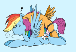 Size: 1000x687 | Tagged: explicit, artist:xioade, rainbow dash, scootaloo, age difference, blue background, cutie mark, dashsub, eyes closed, female, femdom, femsub, filly, filly on mare, foal, foalcon, foaldom, g4, heart, imported from derpibooru, lesbian, mare, mare on filly, open mouth, pegasus, pony, profile, prone, scootadom, sex toy, ship:scootadash, shipping, simple background, spread wings, strapon, submissive, wings