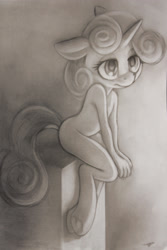 Size: 2000x3000 | Tagged: questionable, artist:darkdoomer, sweetie belle, anthro, banned from derpibooru, breasts, delicious flat chest, female, imported from twibooru, light, lolicon, looking up, monochrome, nudity, pencil drawing, sitting, solo, traditional art, underage, unicorn