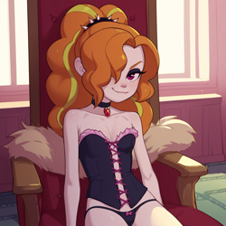 Size: 1024x1024 | Tagged: suggestive, adagio dazzle, /jdb/, ai generated, banned from derpibooru, black eyeshadow, choker, clothes, corset, female, human, humanized, imported from twibooru, lingerie, lolicon, panties, solo, thong, throne, underage, underwear