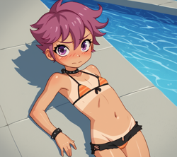 Size: 1152x1024 | Tagged: suggestive, scootaloo, /jdb/, ai generated, banned from derpibooru, bikini, blushing, choker, clothes, embarrassed, female, human, humanized, imported from twibooru, lolicon, microskirt, panties, skirt, solo, swimming pool, swimsuit, tan lines, thong, underage, underwear