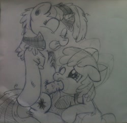Size: 989x960 | Tagged: explicit, artist:funkyfreshraymo, apple bloom, twilight sparkle, blowjob, foalcon, futa, futa on female, futa twilight sparkle, g4, horsecock, imported from derpibooru, intersex, monochrome, nudity, oral, penis, sex, sketch, twilight is a foal fiddler