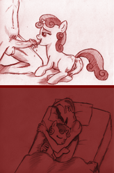 Size: 792x1206 | Tagged: explicit, artist:jaxonian, sweetie belle, 2 panel comic, anus, balls, bed, bedroom eyes, blanket, blowjob, butt, comic, cuddling, drool, eyes closed, female, filly, foal, foalcon, g4, gift art, human, human male, human male on filly, human on pony action, human penis, imported from derpibooru, interspecies, just the tip, kneeling, licking, licking cock, male, no face, nudity, oral, penis, pillow, plot, pony, precum, sex, sleeping, smiling, snuggling, straight, sweetie butt, unicorn, vulva