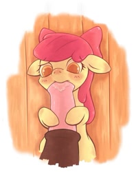 Size: 615x777 | Tagged: explicit, artist:rigi, apple bloom, blowjob, blushing, cock worship, earth pony, female, filly, floppy ears, foal, foalcon, g4, horsecock, imported from derpibooru, just the tip, male, nudity, oral, penis, pony, sex, size difference, straight