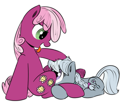 Size: 700x582 | Tagged: questionable, artist:xioade, silver spoon, cheerilee, cunnilingus, earth pony, eye contact, female, filly, foal, foalcon, g4, holding head, imported from derpibooru, lesbian, mare, mare on filly, oral, petting, pony, prone, ship:cheerispoon, simple background, sitting, smiling, softcore, tongue out, white background