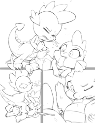 Size: 2550x3300 | Tagged: explicit, artist:tricksta, spike, anal, anus, barb, blowjob, blushing, comic, cum, dragon, feet, female, foalcon, g4, imported from derpibooru, lip bite, male, monochrome, nudity, oral, penetration, rule 63, selfcest, sex, ship:spikespike, sketch, straight, vagina, vaginal