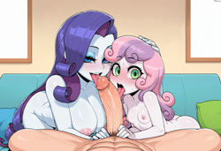 Size: 2432x1664 | Tagged: explicit, rarity, sweetie belle, ai generated, banned from derpibooru, blowjob, equestria girls, female, human, imported from twibooru, lolicon, nudity, oral, penis, prompter:sloppy, sex, underage