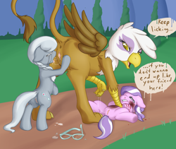 Size: 1006x851 | Tagged: explicit, grimdark, artist:fearingfun, diamond tiara, silver spoon, abuse, anus, bedroom eyes, bipedal leaning, blood, bruised, butt, crying, cunnilingus, cut, drool, drool string, earth pony, eyes closed, female, female on female rape, femdom, femsub, filly, floppy ears, foal, foalcon, food chain, g4, gilda, griffon, griffondom, griffons raping horses, gritted teeth, imported from derpibooru, interspecies, lesbian, looking back, mare on filly, nosebleed, nudity, on back, open mouth, plot, pony, pony on griffon action, ponysub, predator, prey, rape, size difference, smiling, spoonabuse, spread legs, submissive, tiarabuse, trio, trio female, vagina, vaginal secretions, vulva