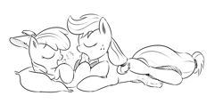 Size: 900x420 | Tagged: explicit, artist:xioade, apple bloom, applejack, applecest, blowjob, earth pony, foalcon, futa, futa apple bloom, futa applejack, futa on futa, g4, imported from derpibooru, incest, intersex, monochrome, nudity, oral, penis, pony, sex, ship:bloomjack, tongue out