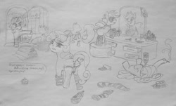 Size: 1208x728 | Tagged: explicit, artist:synch-anon, apple bloom, rarity, scootaloo, sweetie belle, cider, clothes, cutie mark crusaders, earth pony, female, foalcon, g4, horn, imported from derpibooru, legwear, magic, monochrome, panties, pencil drawing, pony, sketch, stockings, thigh highs, thong, traditional art, underwear, wings