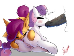Size: 800x600 | Tagged: explicit, artist:starykrow, scootaloo, sweetie belle, analingus, analingus on female, anus, bisexual, bisexual female, blowjob, blushing, butt, female, female on female analingus, foalcon, g4, group sex, human vulva, human vulva on pony, imported from derpibooru, just the tip, lesbian, licking cock, male, nudity, on side, oral, penis, plot, pony, sex, ship:scootabelle, straight, threesome, vulva