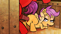 Size: 1280x720 | Tagged: explicit, artist:mr3radio, scootaloo, age difference, anus, bedroom eyes, big macintosh, clitoris, doggy style, earth pony, eyelashes, female, filly, foal, foalcon, from behind, g4, graffiti, imported from derpibooru, leaning, looking back, male, nudity, open mouth, pony, pony on pony action, raised tail, sex, ship:scootamac, slut, smiling, stallion, stallion on filly, straight, vaginal, vulva, writing