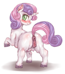 Size: 1408x1600 | Tagged: explicit, artist:hoihoi, sweetie belle, anatomically correct, anus, butt, butt blush, crotchboobs, cute, edit, female, foalcon, g4, imported from derpibooru, looking at you, looking back, nipples, nudity, pixiv, plot, ponut, pony, solo, solo female, uncensored, unicorn, vulva