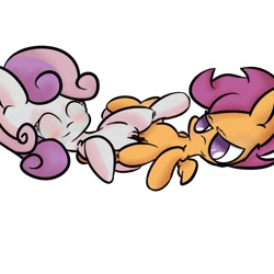 Size: 1024x1024 | Tagged: explicit, artist:olympic tea bagger, scootaloo, sweetie belle, blushing, cute, cute porn, female, foalcon, g4, genitals, happy, imported from derpibooru, lesbian, nudity, sex, tribadism, vulva