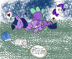 Size: 908x745 | Tagged: explicit, rarity, spike, twilight sparkle, age difference, artist needed, bedroom eyes, book, creampie, cum, dragon, estrus, eyes closed, female, foalcon, g4, heart, imported from derpibooru, male, sex, ship:sparity, ship:twispike, shipping, sleeping, smiling, straight, thought bubble