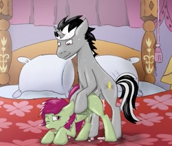 Size: 515x436 | Tagged: explicit, artist:kill joy, oc, oc:columbine, balls, bed, blank flank, creampie, cum, doggy style, drool, female, floppy ears, foalcon, imported from derpibooru, male, messy, nudity, oc only, open mouth, pegasus, penetration, penis, pillow, pony, request, sex, shadowflash, smiling, smirk, straight, tongue out, unicorn, vaginal, vaginal secretions, wink