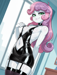 Size: 1536x2040 | Tagged: suggestive, sweetie belle, ai generated, banned from derpibooru, bedroom eyes, boots, child, choker, clothes, equestria girls, eyelashes, eyeshadow, female, garter straps, imported from twibooru, lipstick, lolicon, looking at you, makeup, mascara, microdress, microskirt, naughty, oppai loli, prompter:sloppy, shoes, skimpy outfit, skirt, smiling, smiling at you, solo, stockings, thigh highs, underage