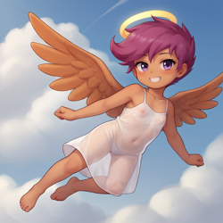 Size: 1024x1024 | Tagged: questionable, scootaloo, /jdb/, ai generated, angel, banned from derpibooru, clothes, dress, female, halo, human, humanized, imported from twibooru, lolicon, nipples, nudity, see-through, sky, solo, tan skin, underage, wings