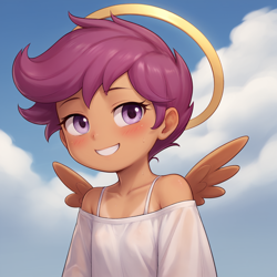 Size: 1024x1024 | Tagged: suggestive, scootaloo, /jdb/, ai generated, angel, banned from derpibooru, blushing, cloud, female, halo, human, humanized, imported from twibooru, lolicon, looking at you, smiling, solo, tan lines, underage, wings
