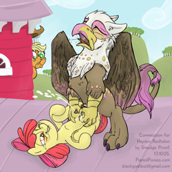 Size: 1000x1000 | Tagged: explicit, artist:smudge proof, apple bloom, applejack, oc, oc:hayden redtalon, ahegao, canon x oc, commission, crotchboobs, crying, drool, eared griffon, earth pony, eyes closed, farm, female, filly, foal, foalcon, g4, griffon, griffon oc, imported from derpibooru, interspecies, lactation, leaking, lip bite, male, milk, milk squirt, nipples, nudity, open mouth, outdoor sex, outdoors, pony, pony on griffon action, sex, squirting, straight, sweet apple acres, underhoof, vaginal, vaginal secretions