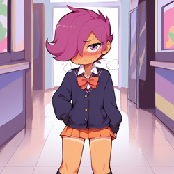 Size: 1024x1024 | Tagged: suggestive, scootaloo, /jdb/, ai generated, banned from derpibooru, blushing, clothes, female, hair over one eye, heavy breathing, human, humanized, imported from twibooru, lolicon, school uniform, solo, tan lines, underage