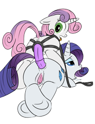 Size: 600x780 | Tagged: explicit, artist:rainbow-dosh, artist:xioade, rarity, sweetie belle, anal insertion, anus, collar, female, filly, foal, foalcon, g4, hooves, imported from derpibooru, incest, insertion, leash, lesbian, mare, nudity, pony, raricest, sex toy, ship:raribelle, shipping, simple background, strapon, transparent background, unicorn, vagina, vulva, vulvar winking