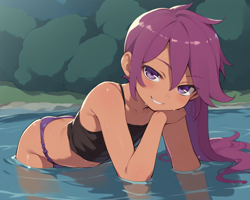 Size: 1280x1024 | Tagged: suggestive, scootaloo, /jdb/, ai generated, banned from derpibooru, clothes, female, human, humanized, imported from twibooru, lake, lolicon, long hair, panties, solo, swimming, tan skin, tanktop, thong, underage, underwear