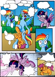 Size: 1240x1748 | Tagged: explicit, artist:anibaruthecat, artist:slipperymonkey, rainbow dash, scootaloo, twilight sparkle, comic:cuddle clouds, alicorn, colored, comic, female, foalcon, g4, imported from derpibooru, lesbian, magic, mare, mare on filly, orgasm, pegasus, pony, sex, ship:scootadash, shipping, tribadism, twilight snapple, vaginal orgasm