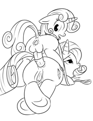 Size: 600x780 | Tagged: explicit, artist:xioade, rarity, sweetie belle, anal, anus, balls, clitoris, collar, foalcon, from behind, futa, futa on female, futa sweetie belle, g4, herm, horsecock, imported from derpibooru, incest, intersex, leash, monochrome, nudity, penis, raricest, ship:raribelle, vagina, vulva