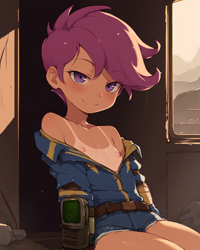 Size: 1024x1280 | Tagged: questionable, scootaloo, /jdb/, ai generated, banned from derpibooru, blushing, clothes, fallout, female, flashing breasts, human, humanized, imported from twibooru, lolicon, nipples, nudity, pip-boy, shorts, solo, tan lines, underage, vault suit