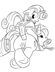 Size: 600x780 | Tagged: explicit, artist:xioade, rarity, sweetie belle, anal insertion, anus, clitoris, collar, dildo, drool, female, foalcon, g4, hooves, imported from derpibooru, incest, insertion, leash, lesbian, nudity, open mouth, raised tail, raricest, sex, sex toy, ship:raribelle, strapon, underhoof, vagina, vulva, vulvar winking