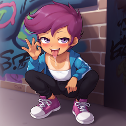 Size: 1024x1024 | Tagged: suggestive, scootaloo, /jdb/, ai generated, banned from derpibooru, blowjob gesture, blushing, clothes, drool, female, graffiti, human, humanized, imported from twibooru, lolicon, shoes, sneakers, solo, tongue out, tube top, underage
