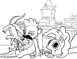 Size: 1200x913 | Tagged: explicit, artist:96, pinkie pie, spike, alligator, balls, bestiality, blowjob, bowl, cupcake, dragon, drugs, earth pony, foalcon, g4, gay, gummy, imported from derpibooru, interspecies, male, monochrome, nudity, oral, oven, penis, pony, sex, spoon, stove, wat