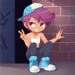Size: 1024x1024 | Tagged: safe, scootaloo, /jdb/, ai generated, backwards ballcap, banned from derpibooru, baseball cap, cap, clothes, crouching, female, hat, human, humanized, imported from twibooru, lolicon, peace sign, shoes, sneakers, solo, tan lines, tube top, underage