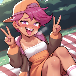 Size: 1024x1024 | Tagged: safe, scootaloo, /jdb/, ai generated, backwards ballcap, banned from derpibooru, baseball cap, blushing, cap, clothes, dress, female, hat, heavy breathing, human, humanized, imported from twibooru, jacket, lolicon, peace sign, solo, tan lines, tongue out, underage