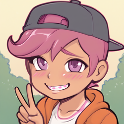 Size: 1024x1024 | Tagged: safe, scootaloo, /jdb/, ai generated, backwards ballcap, banned from derpibooru, baseball cap, blushing, braces, cap, clothes, female, hat, human, humanized, imported from twibooru, jacket, lolicon, peace sign, solo, underage