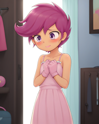 Size: 1024x1280 | Tagged: safe, scootaloo, /jdb/, ai generated, banned from derpibooru, blushing, clothes, dress, equestria girls, female, gloves, human, humanized, imported from twibooru, lipstick, lolicon, nervous, underage
