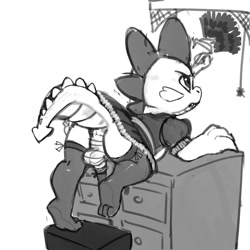 Size: 800x800 | Tagged: explicit, artist:kevinsano, spike, balls, cleaning, clothes, cocksock, crossdressing, dragon, duster, femboy, femboy spike, foalcon, g4, grayscale, imported from derpibooru, maid, maid spike, male, monochrome, nudity, skirt, solo, solo male, upskirt, working